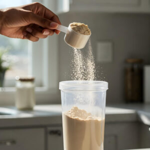 protein-powder-being-poured-into-clear-shaker-cup-kitchen-setting